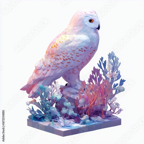 Ethereal statue of a white snowy owl with glowing pink highlights, sitting in a magical garden of surreal blue and coral plants, isolated on white