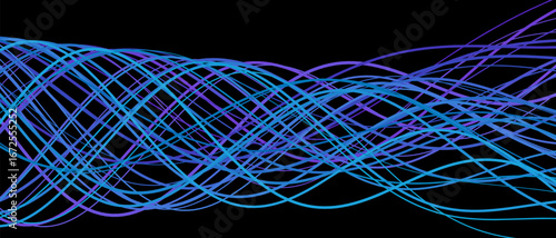 Dynamic wave patterns: futuristic blue and purple tech lines on black background.
