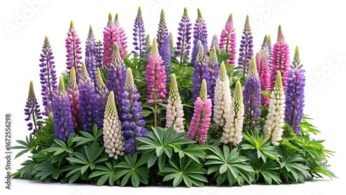 Lupine Flowers Bursting with Color and Vibrancy Against a White Background