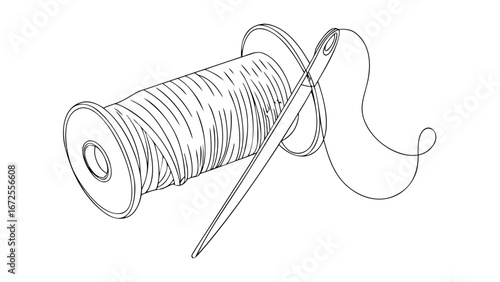 continuous one line art  eps drawing of sewing needle on white background