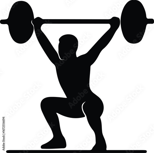 Illustrator Vector Weightlifter performing a snatch lift squat pose silhouette