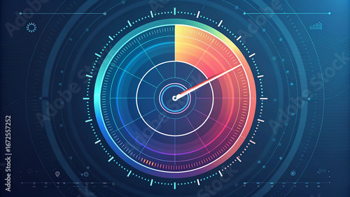 Futuristic circular gauge with rainbow color spectrum and digital interface