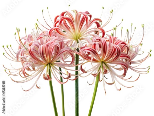 Striking close up of Lycoris Radiata flowers against a white background