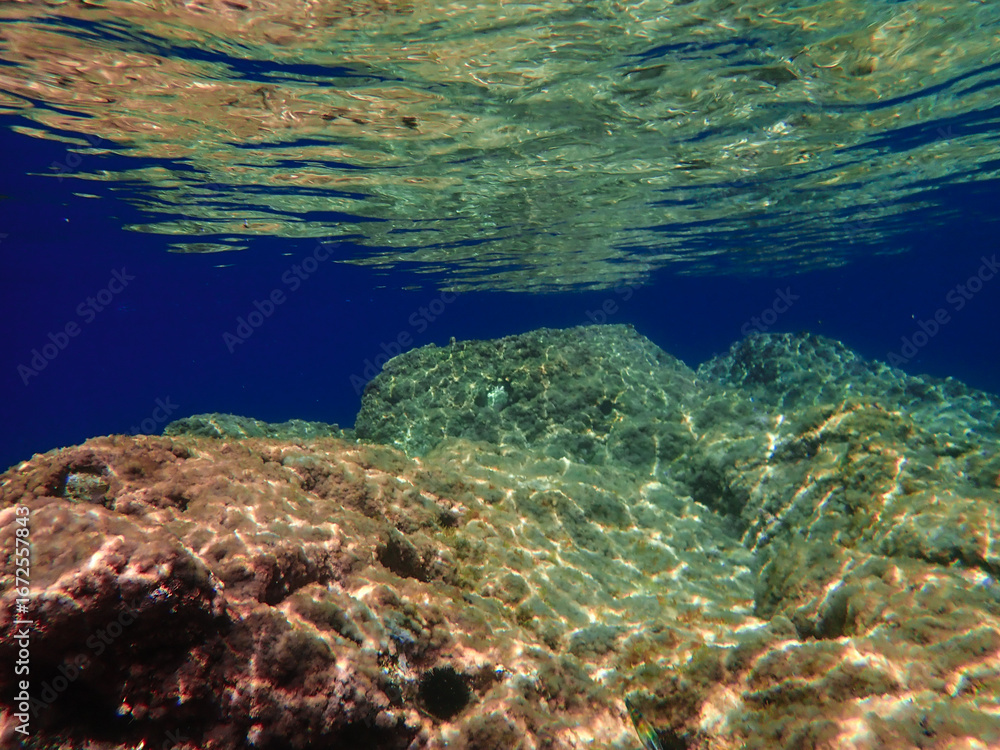 Fototapeta premium Dark blue ocean surface seen from underwater. Abstract waves underwater and rays of sunlight shining through, Sun light rays undersea deep, Underwater background with sea bottom, Mediterranean sea.