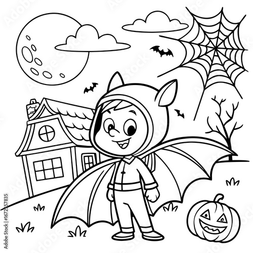 Boo! A Spooky Halloween Party Design featuring a boy dressed as a bat, ready for a night of fun and frights! vector illustration of coloring page black and white 