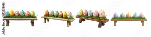Set of a collection of painted easter eggs celebrating a Happy Easter template with a wooden bench to place products with green grass isolated on transparent background