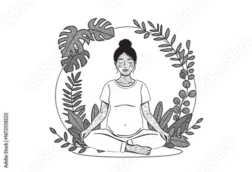 Black and White Illustration of a Peaceful Pregnant Woman Meditating Amidst Lush Leaves