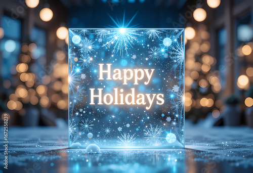 Glowing Cube Holiday Banner with “Happy Holidays” Text Festive Christmas Scene Featuring Sparkling Lights and Trees Modern Seasonal Greeting with Blue Illumination and Star Effects