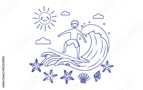 Cheerful Hand-Drawn Blue Line Art of a Happy Surfer Riding Ocean Waves