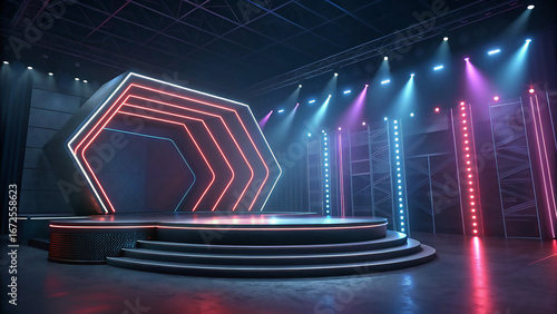 Modern stage design with neon hexagonal arch and colorful lights