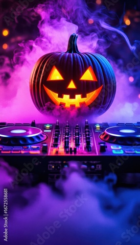 A vibrant halloween scene featuring a glowing pumpkin atop a dj turntable, surrounded by colorful lights and smoke, perfect for festive celebrations.