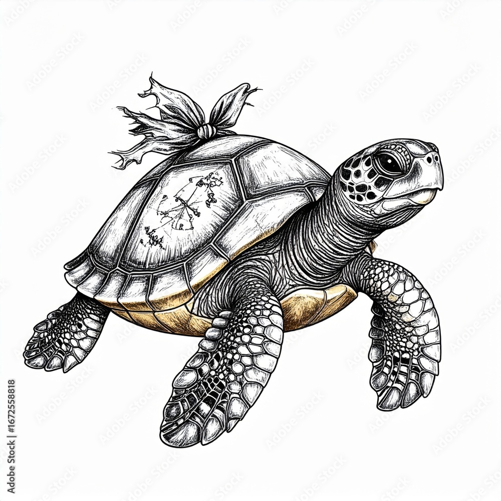 Obraz premium Detailed Pen and Ink Sketch of a Sea Turtle with Shell Patterns Isolated