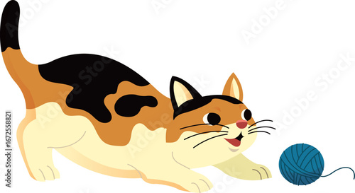 Cartoon Adorable Cute Cat playing with Cotton Ball