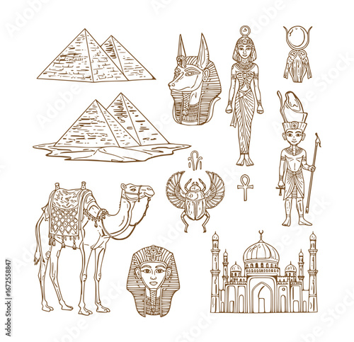 Detailed Hand-Drawn Set of Ancient Egyptian and Middle Eastern Historical and Cultural Elements