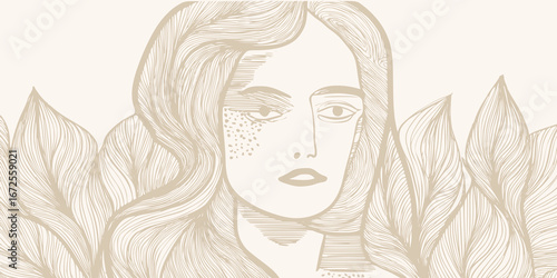 Abstract geometric background with hand drawn woman face, portrait drawn in simple hand drawn style, vector illustration.