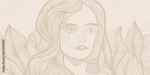 Abstract geometric background with hand drawn woman face, portrait drawn in simple hand drawn style, vector illustration.