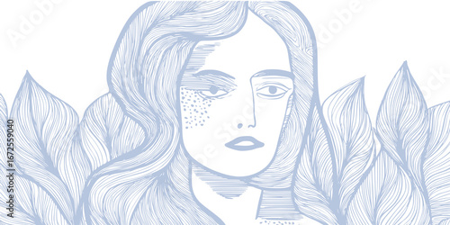 Abstract geometric background with hand drawn woman face, portrait drawn in simple hand drawn style, vector illustration.