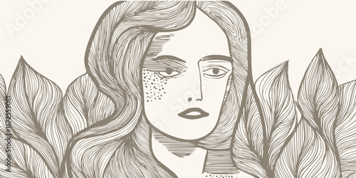 Abstract geometric background with hand drawn woman face, portrait drawn in simple hand drawn style, vector illustration.