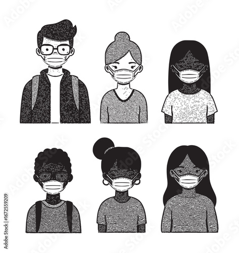 Diverse Group of Six Individuals Wearing Face Masks in Hand-Drawn Monochrome Style
