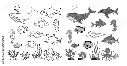 Diverse Marine Life Illustrations in Two Styles: Outline and Textured Vector Art