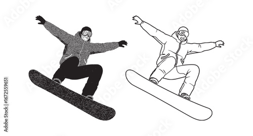Dynamic Snowboarder Illustrations: Textured and Outline Versions for Winter Sports Graphics
