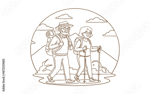 Elderly Couple Enjoying a Scenic Hike with Backpacks and Walking Poles