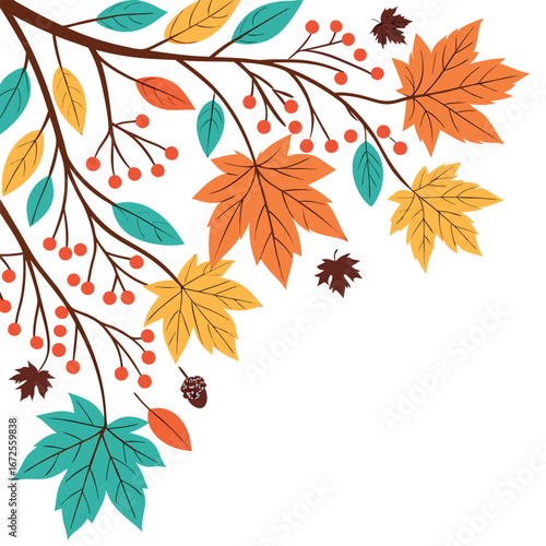 Autumnal Branch with Maple Leaves Berries and Acorn on White Background fall season