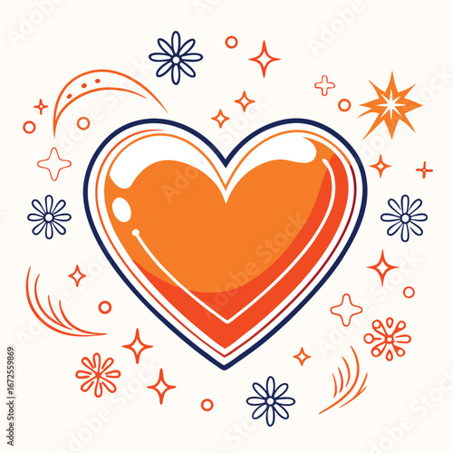 Heart with orange and red tones and decorative blue and orange elements love romance