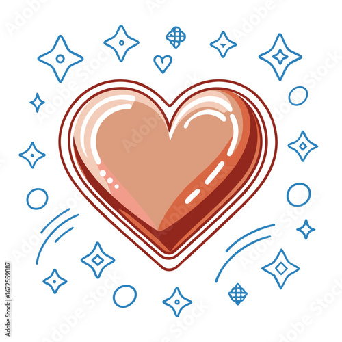 Stylized heart with blue line art stars and sparkles on white background love romance