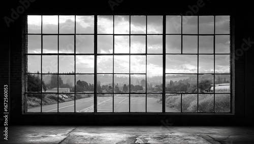 A black and white view through large factory windows