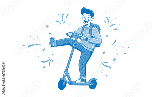 Happy Energetic Young Man Enjoying an Electric Scooter Ride with Playful Movement