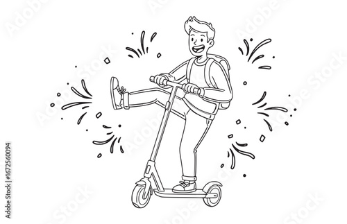 Happy Young Man Joyfully Riding an Electric Scooter with One Leg Raised in Playful Cartoon Style