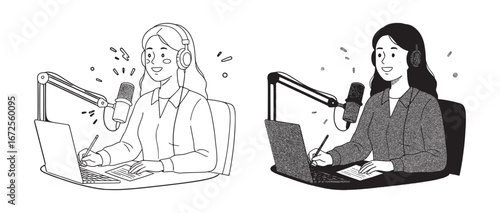 Happy Female Host Recording a Podcast or Radio Show with Microphone and Laptop