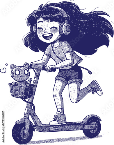 Joyful Girl with Headphones and Pet Cat Happily Riding an Electric Scooter