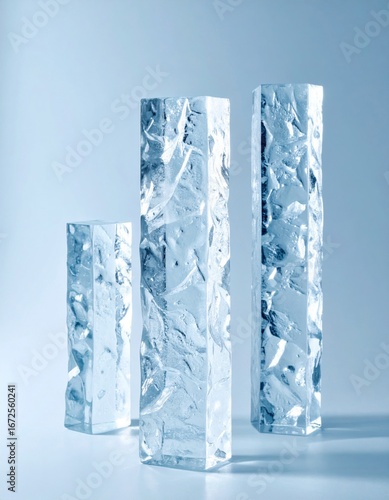 Three Ice Hexagonal Prism Columns Arranged Vertically on a Soft Blue Background in Studio Lighting