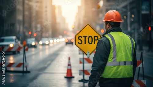Construction Worker Managing Road Closure with Stop Sign in Urban Environment during Dawn