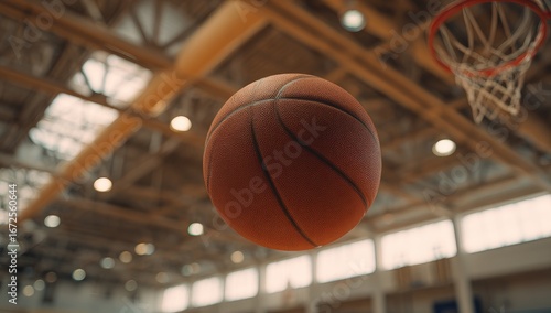 Basketball in mid-air above an indoor court.  A close-up view of an orange basketball suspended in the air, against a blurry background of an indoor arena.