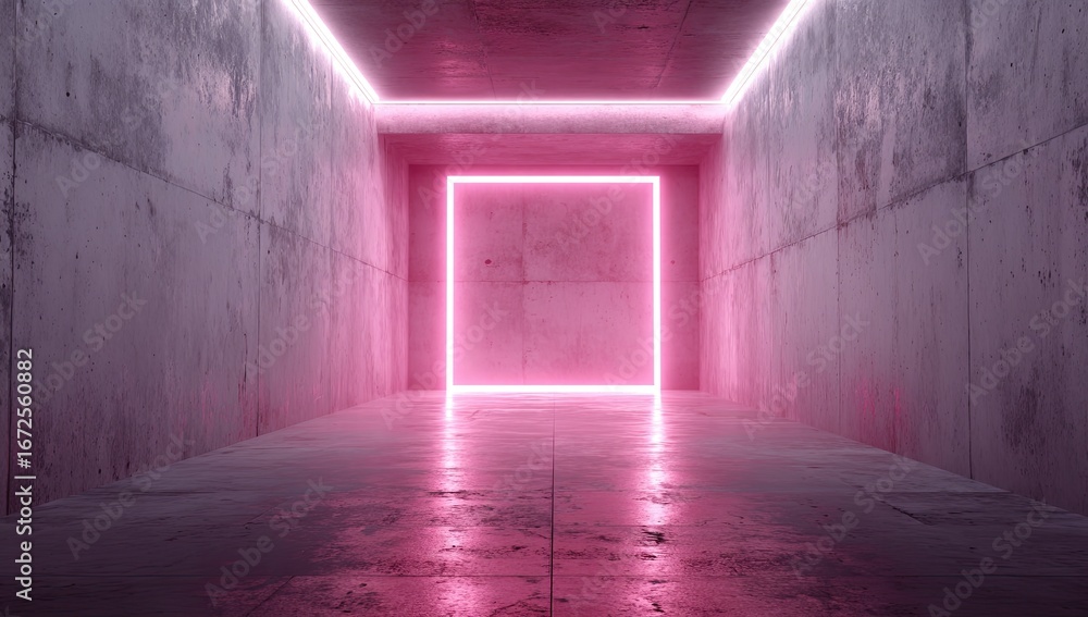 Obraz premium Pink neon-lit concrete hallway
