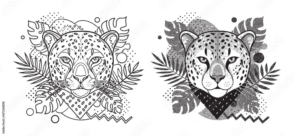 Obraz premium Two Stylish Black and White Cheetah Illustrations with Tropical Leaves and Abstract Patterns