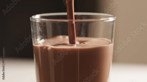 Close-up slow motion shot of pouring delicious chocolate milk into a glass, creating a swirling stream of a creamy cocoa beverage