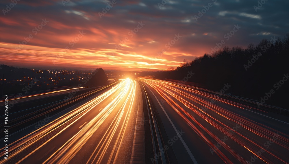 Obraz premium Highway at sunrise with light streaks