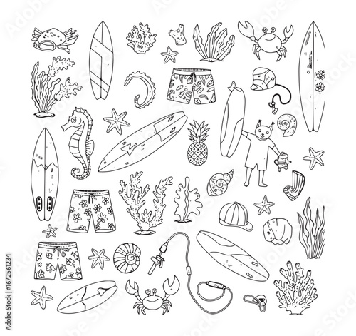 Whimsical Line Art Doodles Featuring Beach, Surfing, and Marine Life Elements