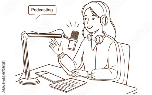 Young Woman Hosting a Podcast Show with Headphones and Microphone