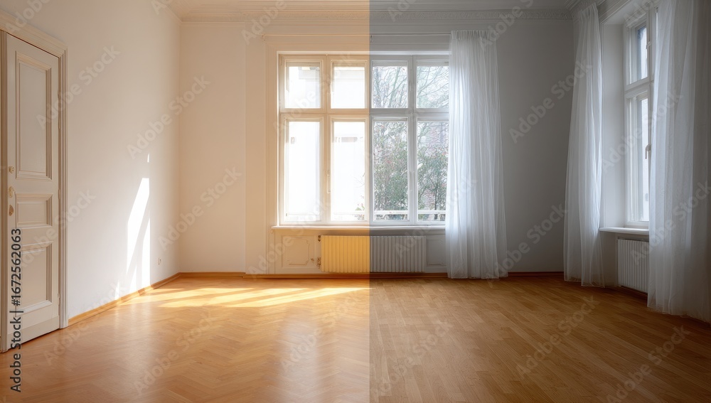 Fototapeta premium Empty room, split-toned, before-and-after. Sunlight streams through one window