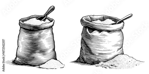 Sacks of flour in a wood engraving style, black and white