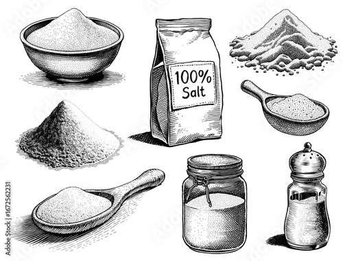 Various forms of salt in vintage etching style, black and white