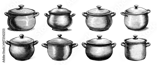 Set of cooking pots in a vintage line drawing style, black and white