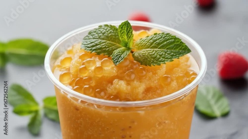 Refreshing orange granita beverage with tapioca pearls and mint garnish