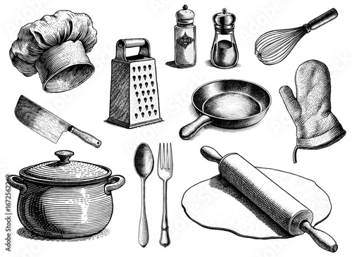 Vintage kitchen tools in a woodblock print style, black and white