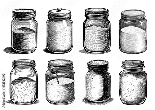 Mason jars in vintage engraving style, black and white, for canning, storage, and rustic decor.